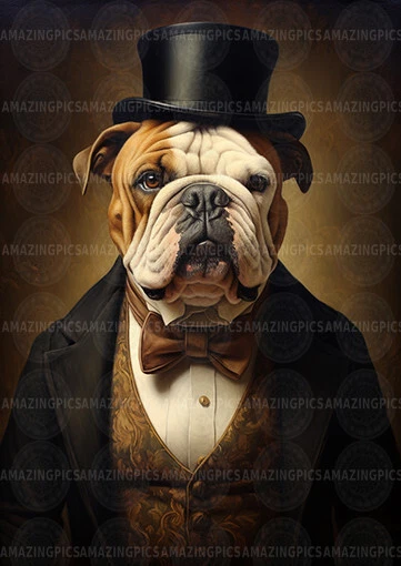 Victorian Bulldog Gentleman Art Print Dapper Dog Portrait in Top Hat K48 - Image 1 of 1