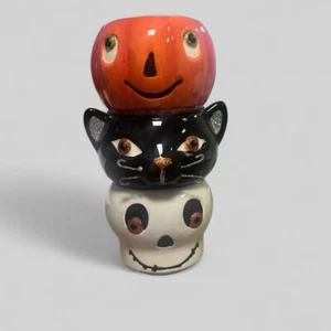 Portaluce tè Halloween Jack O lanterna teschio gatto nero con candele - Foto 1 di 7
