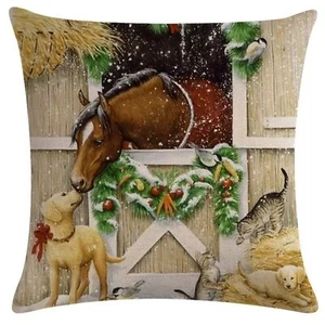 NEU WEIHNACHTSDEKORATION BAUERNHOFTIERE SCHLITTEN DEKORATIV LEINENMISCHUNG KISSENBEZUG 18" - Bild 1 von 4