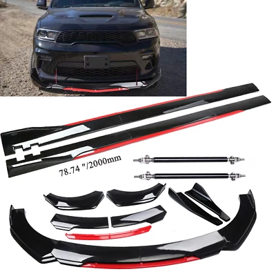 For Dodge Durango SRT Front Bumper Lip Splitter + Side Skirt Glossy Black +Red - Image 1 of 4