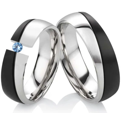 2 Eheringe Trauringe aus Edelstahl mit echtem Topas und Ringgravur ES42 - Bild 1 von 3