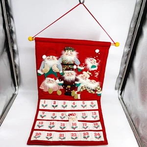 VINTAGE WALL/DOOR HANGING JOLLY SANTAS FABRIC POCKET ADVENT CALENDAR-CHRISTMAS - Picture 1 of 13