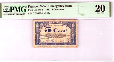 France 5 Centimes 1917 T "Unlisted" WW1 Emergency Issue PMG 20 VF - Image 1 of 4