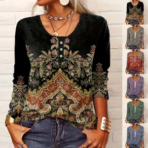 Plus Size Womens Floral Print Tunic Tops T-Shirt Ladies Long Sleeve Loose Blouse - Picture 1 of 27