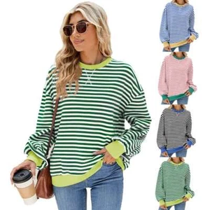 Winter Women Autumn Sweatshirt Pullover Crew Neck Striped Long Sleeve Casual Top - Picture 1 of 16