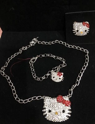 Betsy Johnson Hello Kitty Rhinestone Silver Necklace Set Bracelet Ring Red Bow - Image 1 of 4