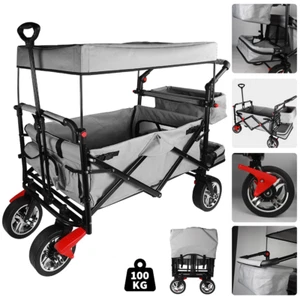 Bollerwagen Faltbar mit Dach Kinder Handwagen PU Räder mit Bremsen Grau DE - Bild 1 von 12