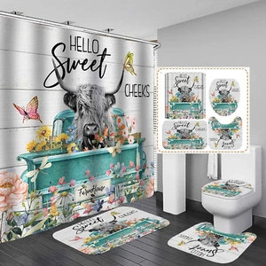 Camille&Andrew 4PCS Highland Cow Shower Curtain Set, Teal Truck Floral Butterfly - Picture 1 of 7