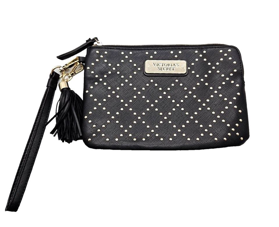 Victoria Secret Negro Dorado Tachonado Muñequera Bolso sin asas Bolsa Borla Llavero Foto 1 de 4