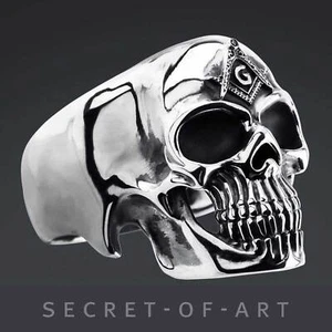 Freimaurer Ring Totenkopf Siegelring Masonic Skull Silber 925 Ring Zirkel Winkel - Bild 1 von 12
