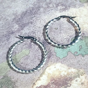Minimalist Silver Surgical Stainless Steel Round Twisted 30mm Hoop Earrings - Picture 1 of 9