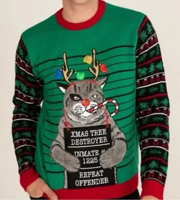 Suéter Blizzard Bay Verde Reno Gato Mugshot Feo Navidad Adulto Talla 2XL Foto 1 de 4
