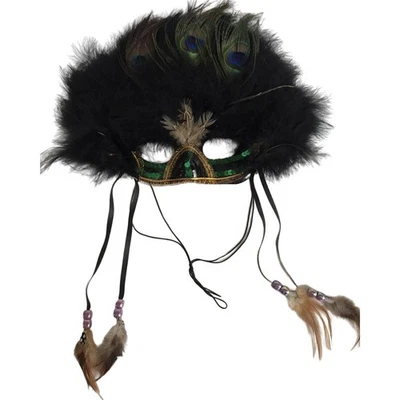 Vintage Mardi Gras Peacock Feather Mask Masquerade Black Carnival Halloween - Image 1 of 4