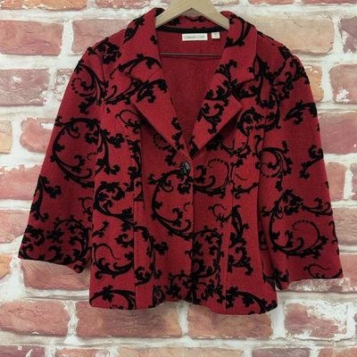 Chaqueta Coldwater Creek Mujer L Roja Negra 100% Lana Floral Fieltro Terciopelo Blazer Foto 1 de 4