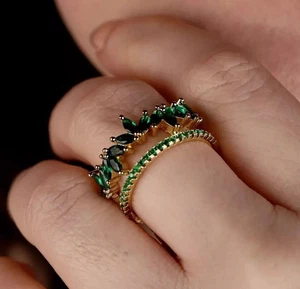 Marquise Cut Simulated Green Emerald Engagement Ring In 14k Yellow Gold Plated - Picture 1 of 5