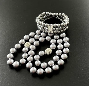 Graphit grau simulierte Kunstperlen Halskette und Armband Set Pavé Strass #323 - Bild 1 von 8