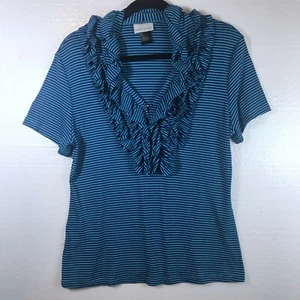 Weiche Umrandung Damen Gr. Medium blau gestreift Rüschen Top Bluse V-Ausschnitt Strick - Bild 1 von 8