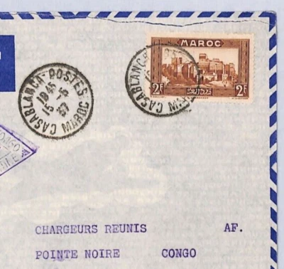 MOROCCO Cover 2f Air Mail FIRST FLIGHT CONGO Pointe Noire AIR FRANCE 1937 YZ298 - Image 1 of 4