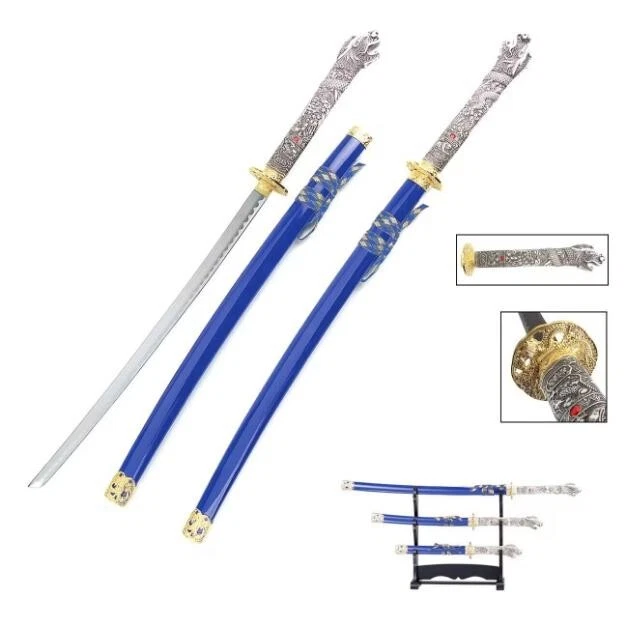 Juego de Espadas Katana Azul Dos Tonos Samurai Cabeza de Dragón 3 Piezas con Soporte de Exhibición Foto 1 de 1