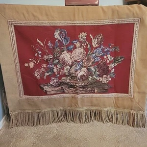 French Country Wall Hanging Tapestry Floral Garden Bouquet Fringe 45x38 Roses - Picture 1 of 10