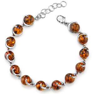 Baltic Amber Spiral Bracelet Sterling Silver Cognac Color Round Sphere Shape