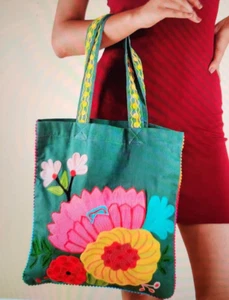 *NEW* Floral Embroidered Multi Purpose Tote Bag Green Hippy Festival RRP £12.99 - Picture 1 of 10