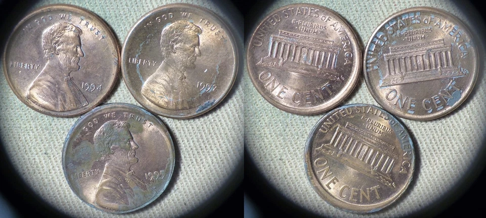 Error : Lot 3 Coins Lincoln Cent 1992;1994;1995 Broadstruck, OC Spots IREC2206 - Image 1 of 1