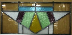 OLD ENGLISH LEADED STAINED GLASS WINDOW Unframed w Hooks Transom 31" x 14.75" - Picture 1 of 2