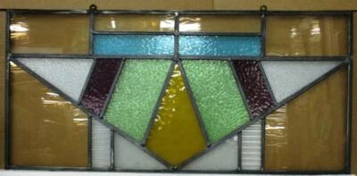 OLD ENGLISH LEADED STAINED GLASS WINDOW Unframed w Hooks Transom 31" x 14.75" - Image 1 of 2