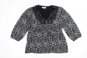Debenhams Womens Black Floral Cotton Blend T-Shirt Size 14 - Lace Trim - Picture 1 of 12