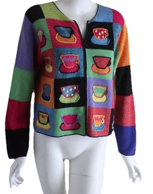 Susan Bristol S Hand-Knit Colorful Art-Wear Cotton COFFEE Cafe Cardigan Sweater - Image 1 of 4