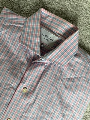 Ledbury Fine Shirting Slim Fit Pink & Blue Mens Dress Shirt Size 16 1/2 - Image 1 of 4