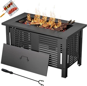 3-in-1 Fire Pit Table – Wood Burning BBQ Metal with Waterproof Cover, Outdoor - Picture 1 of 32