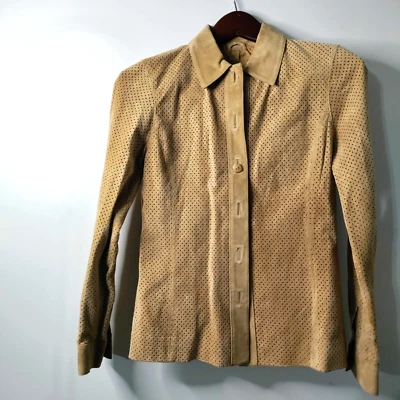 Lord & Taylor Women PXS EYELET Tan Suede Leather‎ Button Casual Boho Jacket Y2K - Image 1 of 4