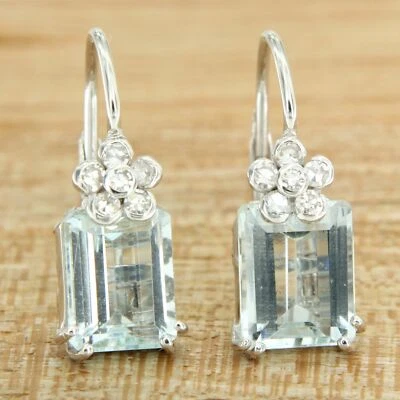 Pendientes colgantes de oro blanco macizo de 18k AQUAMARINA natural y DIAMANTE con cierre de palanca Foto 1 de 4