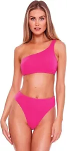 BECCA by Rebecca X2333 Virtue Womens Ribbed Asymmetric Bikini Swim top Pink M - Picture 1 of 3