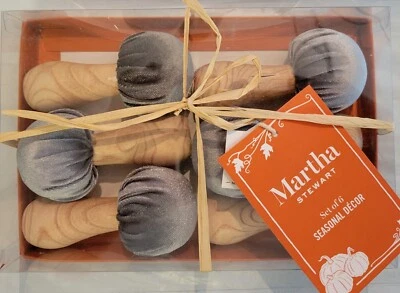 6 ct Set Martha Stewart Gray Velvet / Wood Mushrooms 4" Decor Tabletop Farmhouse - Image 1 of 4