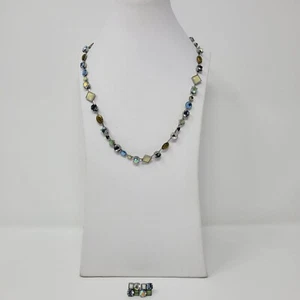 Necklace & Stud Earrings Set With Blue Green & Iridescent Stones LR Stamped - Picture 1 of 8