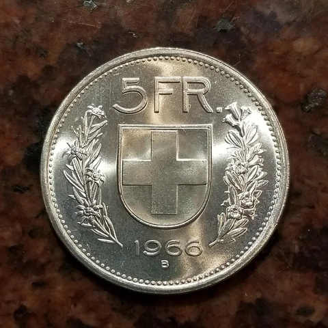 1966 SWITZERLAND 5  FRANCS COIN - UNC - .835 SILVER - #B0949 Cover