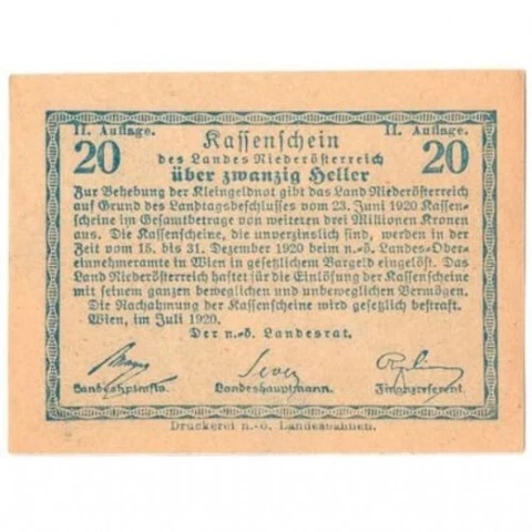 1920 Austria Notgeld Federal State of Lower Austria 20 Heller (D330) Cover