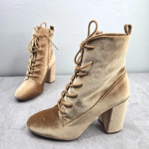GB Lace Up Velour Ankle Booties Size 9 Gold Velvet Dressy Formal Block Heel Boot - Picture 1 of 12