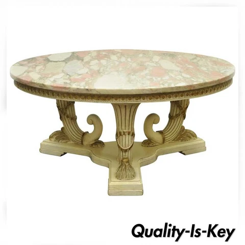 French Empire Neoclassical Cornucopia Base Round Pink Marble Top Coffee Table Cover