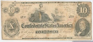 1862 $10 Ten Dollars Confederate States Of America Note Currency T-46 - SR972 - Picture 1 of 2