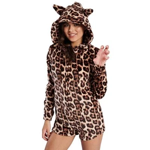 Ladies/Girls Fleece Leopard Print All In One Romper Jumpsuit Pyjamas Size 8-22 - Picture 1 of 6