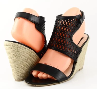 $99 BOUTIQUE 9 VIOLANDA Sandalias Cuñas Alpargata Diseñador Cuero Negro 6 Foto 1 de 4