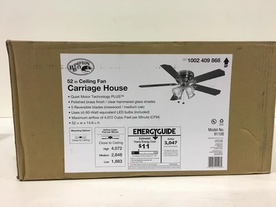 Hampton Bay Carriage House 52 in. LED Indoor Polished Brass Ceiling Fan New - Image 1 of 3