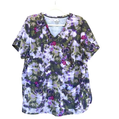 Beyond Scrubs Shirt Womens 2X Butterfly Floral Tie Dye Pockets Stretch Nursing - Image 1 of 4
