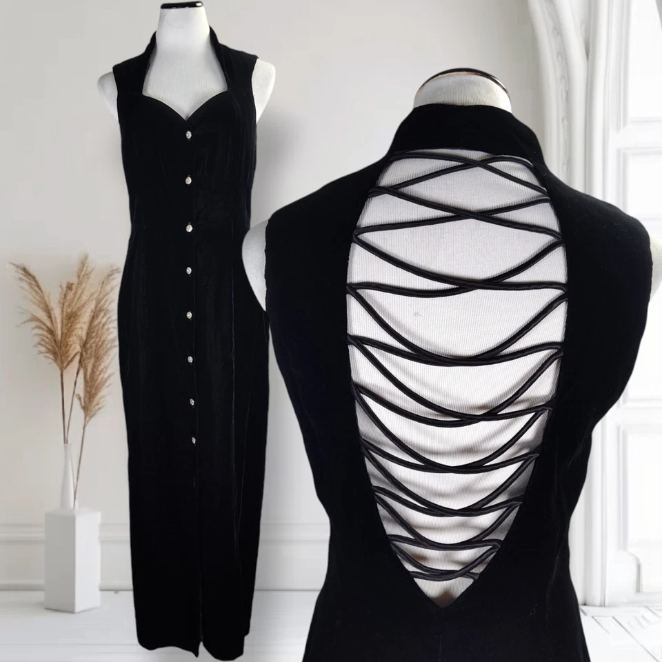 Vintage 90s Black Velvet Evening Dress 12 Backless Strap Detail Formal Gown - Image 1 of 4