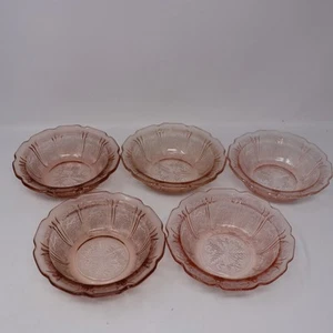 Jeannette Pink Depression Glass Cherry Blossom CEREAL BOWLS - Set Of 5- Vintage - Picture 1 of 6