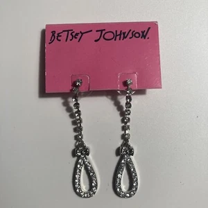NEW Betsy Johnson Clear Rhinestones Drop Earrings Carded Y2K McBling Prom Formal - Picture 1 of 5